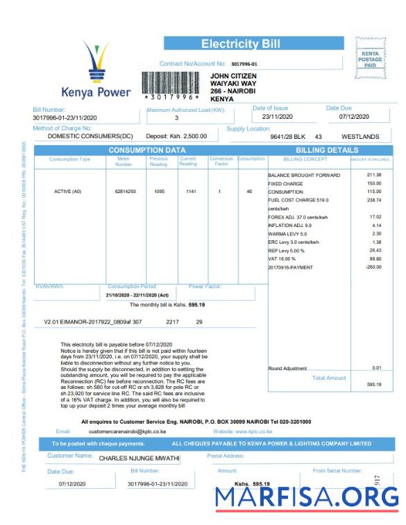 Blank Kenya Power utility bill template in Word and PDF format